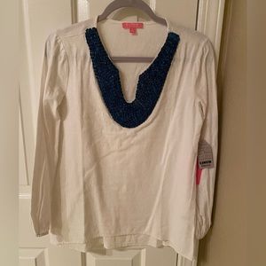 Brand new linen beautiful blue beaded shirt,